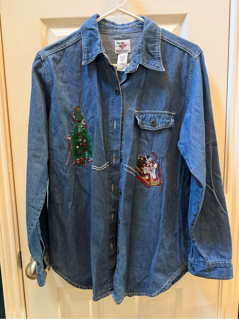 Vintage early 90s Holiday Embroidered Denim Button-Down Shirt